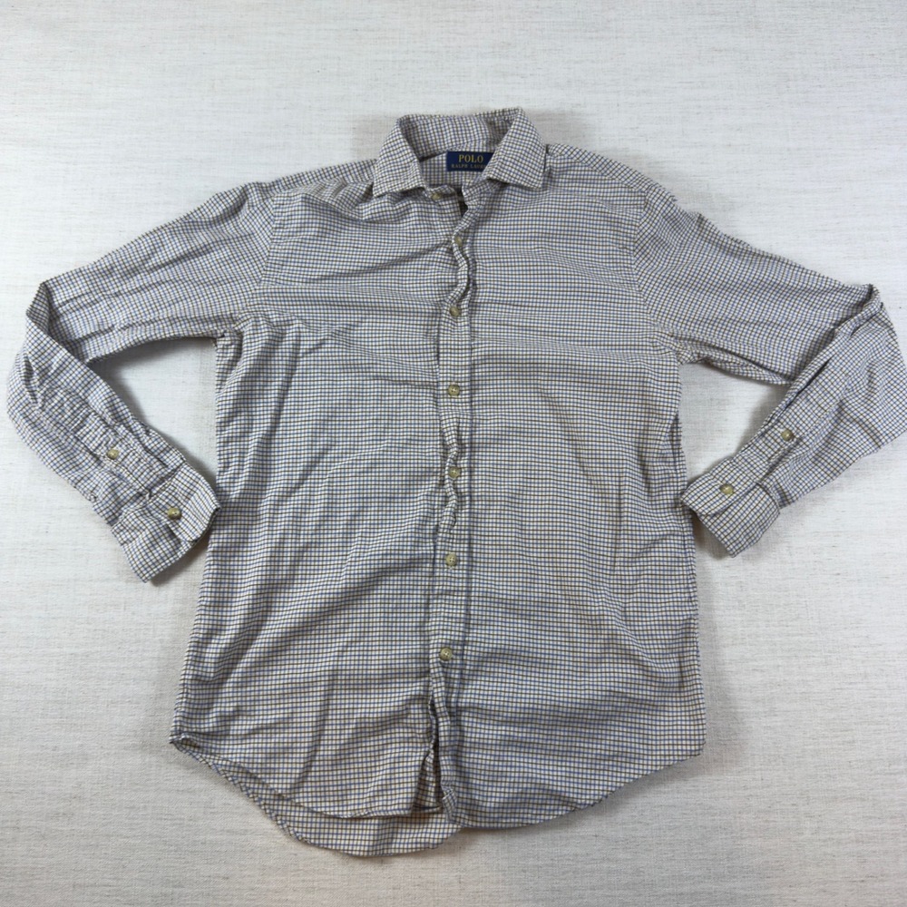 Polo Ralph Lauren Mens Small Blue Brown Micro Check Button Up Shirt Long Sleeve